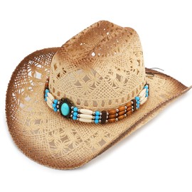Melesh Straw Cowboy Hat, Western Cowgirl Hat, Wide Brim Sun Beach Hat for Men and Women (US, Alpha, One Size, Khaki-M29)