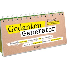 Gedanken-Generator: 125.000 überraschende Fragen zur Selbsterkenntnis | Spiralaufsteller quer mit dreigeteilten Seiten. Zufallsgenerator mit lustig-absurden Fragen zur Selbstreflexion.
