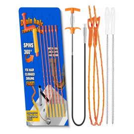 Drain Snake Tool Set, 63 Inch Flexible Grabber Tool (1 Pcs), Hair Drain Clog Remover (2 pcs), Cleaner Brush (2 pcs), 6 Wands and Removable Handle for Toilet, Sink, Bathroom Tub