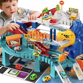 MSKOLER Dinosaur Race Car Tracks for Toddlers 3-5 Years, Dinosaur Climbing Hills Railcar, Toy Car Track Play Set with 7 Small Race Cars, Preschool Birthday Gifts for 3 4 5 6 7 8 Year Old Boys Girls