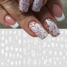 Flower Nail Art Stickers Decals 5D Embossed White Flower Nail Stickers 3PCS Floral Self-Adhesive Nails Design Elegant Flowers Nail Art Decals Supplies for Women Summer DIY Manicure Decoration