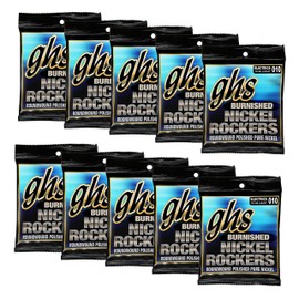 GHS Strings BNR-L - 10 PACK - Burnished Nickel Rockers, Polished Pure Nickel Electric Guitar Strings, Light (10-46), Pack of 10
