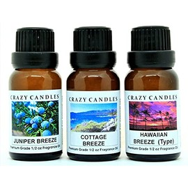 Crazy Candles 3 Bottles Set, 1 Juniper Breeze, 1 Cottage Breeze, 1 Hawaiian Breeze 1/2 Fl Oz Each (15ml) Premium Grade Scented Fragrance Oils