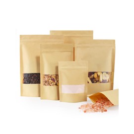 FireKylin 100 Pcs Brown Paper Bags with Window, 3.5" x 5.5" Stand Up Pouches, Zipper Food Storage Bags for Packaging Products, Reusable, Sealable