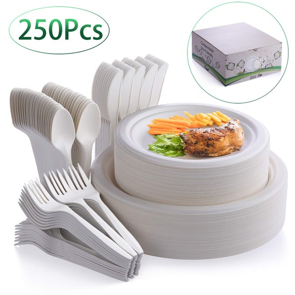 Fuyit 250Pcs Compostable Paper Plates with Cutlery Set, Disposable Biodegradable LONG Utensil Eco-Friendly Dinnerware Includes Plates, Fork, Knife & Spoon for Party, Camping, Picnic (White)