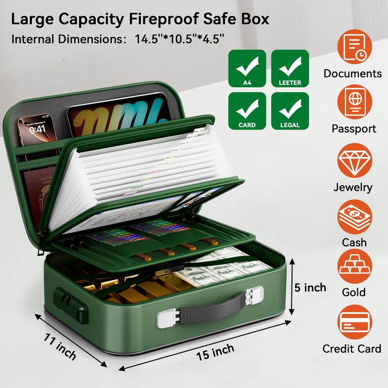 Aollewoiti Fireproof Document Box, Hard Case Fireproof Box with Lock,