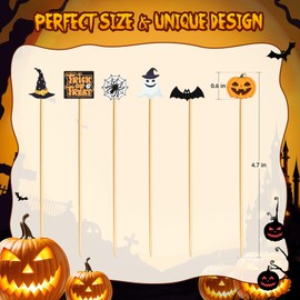 Halloween Cocktail Picks, 6 Styles Bamboo Halloween Theme Toothpicks for Appetizers Food Drinks Fruit - Pumpkin Ghost Spider Bat Hat, 4.7 IN Wood Charcuterie Skewers Sticks Party Supplies Decorations
