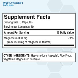 Puregen Labs Magnesium Taurate 1500mg per Serving [High Elemental Magnesium Potency] 180 Veggie Caps, Chelated for Superior Absorption, Non-GMO, NO Gluten and Dairy | Made in USA