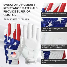 Golf Gloves Men Right Handed Golfer Left Hand Leather with Ball Marker Value 3 Pack, Color Leather Glove All Weather Grip Comfortable, Fit Size Small Medium Large XL (USA Flag, M-Large, Left)