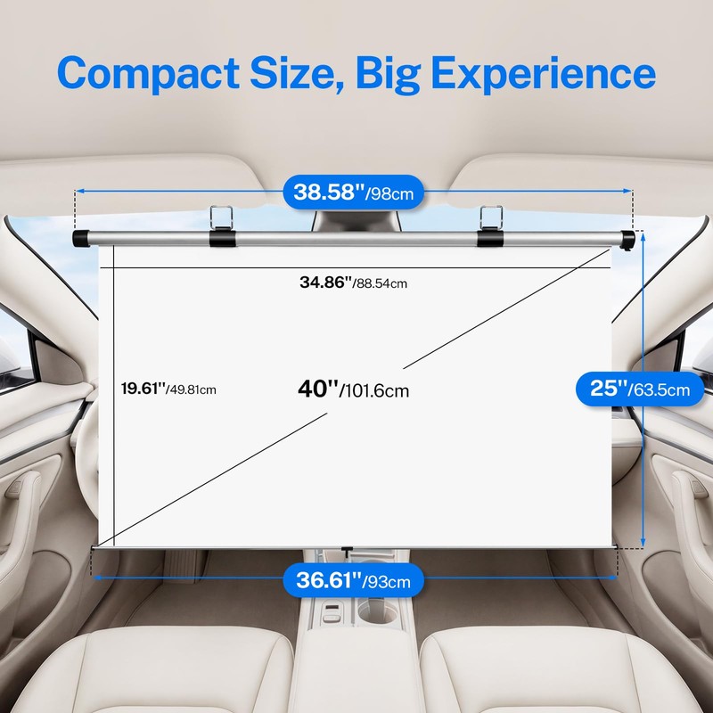40 Inch Retractable Projector Screen for Car with Adjustable Loops