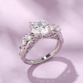 Jeulia Sterling Silver Ring Vintage Round Cut Band Rings Valentine's Day Promise Anniversary Rings Cubic Zirconia Rings for Women with Jewellery Box, Sterling Silver, Zircon