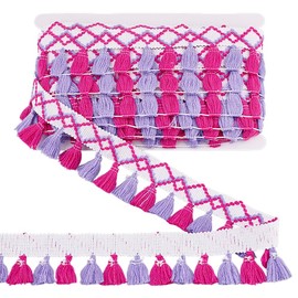 MAYJOYDIY 9.1 m × 50 mm Colourful Tassel Fringe Trim Polyester Tassels Lace Ribbon Two-Tone Curtain Border with Tassels for Sewing Crafts Cushion Home Decoration (Magenta + Purple)