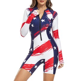 Century Star Long Sleeve Rash Guard for Women One Piece Swimsuits Modest Full Coverage Wetsuits Boyleg Surfing Bathing Suits, American Flag, X-Large