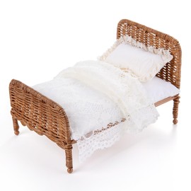 1:12 Miniature Dollhouse Bed,Fairy Tale Pastoral Style Dollhouse Bedroom Furniture, White Rattan Bed with Removable Lace Bedding and Pillow,Diy Furniture Accessories Gift for Dollhouse Lovers (Brown)