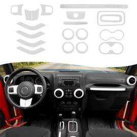 CheroCar 18PCS Interior Trim Kit for Jeep Wrangler JK JKU 2011-2018 4 Door,Steering Wheel Cover, Air Conditioning Vent Trim Cup Holder Cover,Gear Shift Knobs Frame,White,…