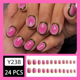 TBRZTR Press on Nails Extra Short Rose Pink Glue on Nails Artificial Acrylic Nails with Gold Lines Design Oval False Nails Full Cover Glossy Coffin Nails Reusable Stick on Nails for Women 24Pcs