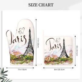 Pretty Romantic Paris Eiffel Tower Oven Mitts and Pot Holders Sets of 4, Heat Resistant Silicone Oven Mittens and Potholders Gloves Hot Pads for Kitchen Cooking Baking Grilling BBQ Chef