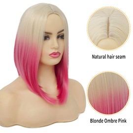 Kaneles Blonde Pink Bob Wigs for Women Short Straight Wig Middle Part Silky Hair Costume Wig