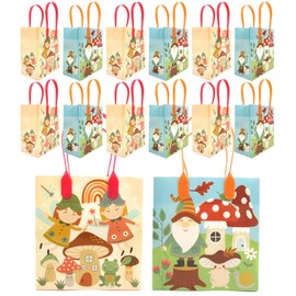 TINYMILLS Garden Gnomes Mushroom Woodland Fairies Party Favor Treat Bags Goodie Bags with Handles Pack of 12