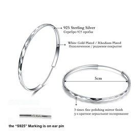 Josfeva Silver Hoop Earrings for Women, 925 Sterling Silver Twist Hoops Earrings, 50mm Hypoallergenic Large Round Circle Huggie Big Hinged Hoop Earrings With White Gold Plated, Gift for Women Girls