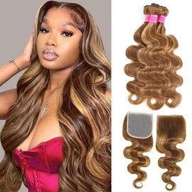 Brown Highlight Bundles Human Hair with 4x4 Lace Closure 20 22 24+18 Raw Brazilian Body Wave Human Hair 3 Bundles with Closure Ombre Brown Blonde Color