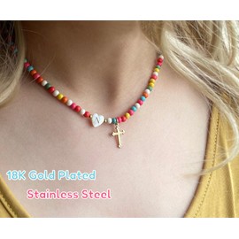 Sanyaa Cross Initial Heart Necklace Colorful Beaded First Communion Baptism Gifts Choker Necklace (Cross #1, B)
