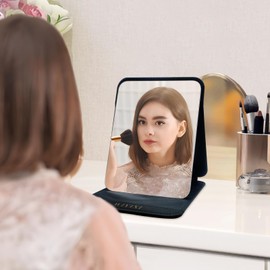 SYHITOU Foldable Travel Makeup Mirror,Adjustable Angle Portable Standing Vanity Mirror, Compact PU Leather Design for Home/Camping/Professional Use, Classic Black (8.4"x6")
