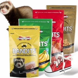 Marshall Bandits Ferret Treats Variety Pack – 4 x 3 oz Each – Chicken, Banana, Bacon & Peanut Butter Flavors – Includes 2 Squeaky Toys for Enrichment & Fun