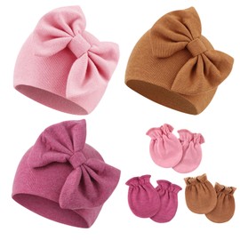 Newborn Baby Hats and Mittens Set Infant Bow Beanie Cap Toddler Gloves Newborn Hospital Hats for Baby Boy Girl Kid 0-6 Months