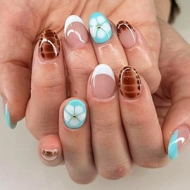 24 Pcs Oval Press on Nails Short Almond Nail Tips,YEFIUO Pink Fake Nails Press ons Blue White French Glue on Nails Summer Acrylic Nail Art Kit Full Cover False Nails with Flower Design for Ma'am