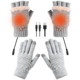ShinyMatch 2 Pairs Winter Fingerless USB Heated Gloves and Knitted Warmers Gloves Set for Women Men Thermal Hand Warmers(Gray)
