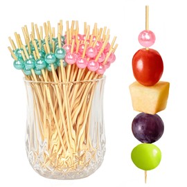 100 Pcs Gender Reveal Cocktail Picks, 4.7 Inch Pink and Blue Pearl Bamboo Toothpicks, Boy or Girl Theme Food Skewers Sticks for Appetizers Fruit Charcuterie, Dessert Gender Reveal Party Decorations