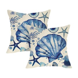 Fjfz Beach Blue Scallop Shell Decorative Throw Pillow Covers 18 x 18 Set of 2, Coastal Conch Starfish Coral Porch Outdoor Home Decor, Sea Ocean Seasonal Nautical Couch Cushion Case