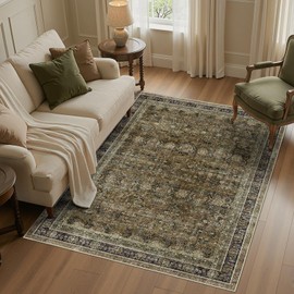 WITSHOCK Brown Olive Living Room Rug 6x9: Vintage Boho Modern Aesthetic Home Decor, Extra Large Dining Room Rugs for Under Table, Oushak Farmhouse Carpet for Bedroom Bedside Kitchen Playroom