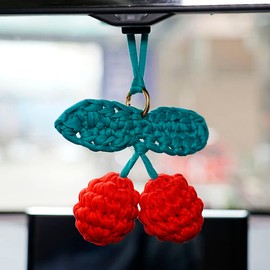 AMIORO Hand Knitted Cherry Pendant Hanging Ornament for Car Rear View Mirror Accessories Gift