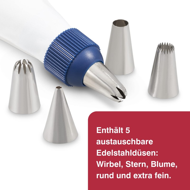 Zyliss E980215 Spritzbeutel Set, Baumwolle/Edelstahl, Pfeifen-Zuckerguss/Kuchendekoration/Zuckerguss/Gebäckfüllung, Wiederverwendbare Baumwollbeutel, Inklusive 5