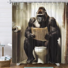 JAWO Funny Gorilla Shower Curtain, Gorilla Sitting on The Toilet Reading a Newspaper Shower Curtains, Fun Orangutan Wild Animal Masculine Humor on Toilet Quirky Animal Grey Shower Curtains