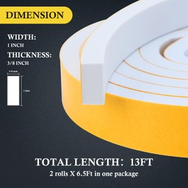 fowong White Foam Weather Stripping- 2 Rolls, 1 Inch Wide X 3/8 Inch Thick, AC Window Insulation High Density Adhesive Foam Seal Tape, 6.5 Ft X 2, Total 13 Feet
