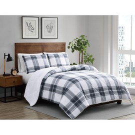 CANNON Cozy Teddy Blue and Cream Polyester 3-Piece King Comforter Set, Plaid, 100% Polyester, for Men and Women, Oeko-TEX Certified Confidence