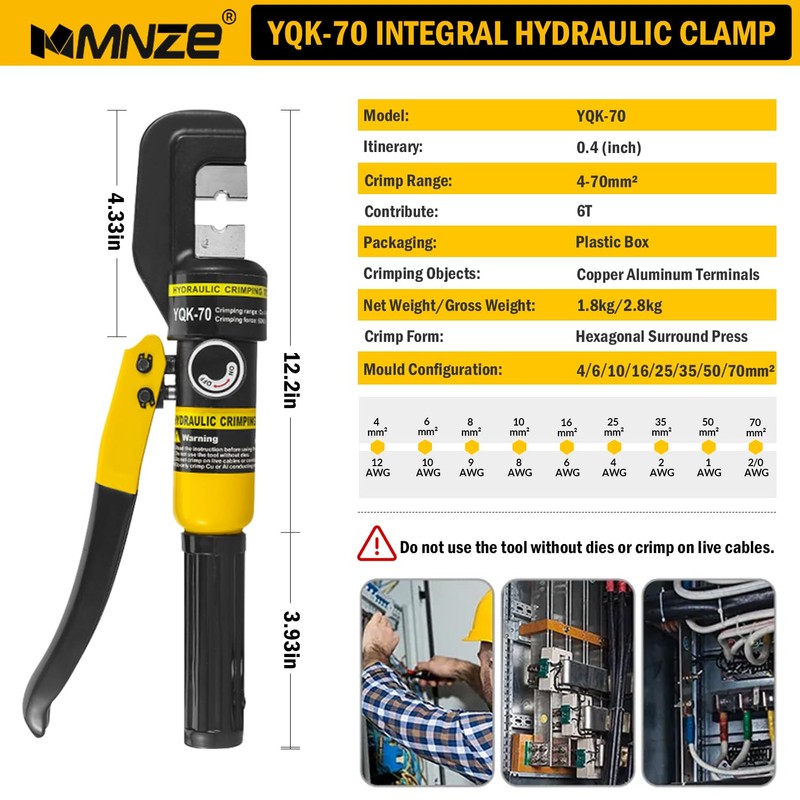 MMNZE 6 Ton Hydraulic Cable Lug Crimper Pliers 12 AWG