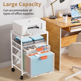 Marbrasse Rolling File Cart with Handle, Mobile File Cabinet on Lockable Wheels, Office Filing Cabinet Organizer, Printer Stand with Hanging File Folder Organizer for Home Office - White