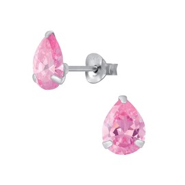 925 Sterling Silver and Cubic Zirconia pear earrings women 6x8mm in various sparkly colours anti allergy hypoallergenic nickel free jewellery ladies sensitive ears gift box (Pink)