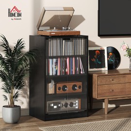 HOMCOM Media Cabinet, 4-Tier Stereo Cabinet, Record Player Stand with Vinyl Record Storage, Adjustable Shelves, Tempered Glass Doors and Cable Management, Distressed Black