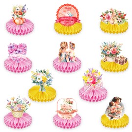 11 PCS Mother's Day Table Decorations Honeycomb Centerpieces,Happy Mothers Day Table Topper Sign Floral Flower Bouquet Pink Yellow Flower Ornaments for Women Mom Birthday Mother's Day Party Decor