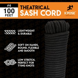 Xpose Safety #6 Sash Cord – 3/16 Inch x 100 Ft – Black Cotton Rope with Nylon Core – Low Stretch Utility Cord for Window Sash, Tie Down, Clothesline, Camping, Rigging, DIY, Crafts, Home Improvement