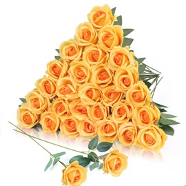 LPREUTWN 30pcs Fake Roses Artificial Silk Flowers Long Stems Bouquet for Wedding Bridal Shower Party Home Decoration (Gradient Yellow)
