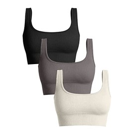 OQQ Women's 3 Piece Medium Support Tank Top Ribbed Seamless Removable Cups Workout Exercise Sport Bra Black Tea Leaf Beige