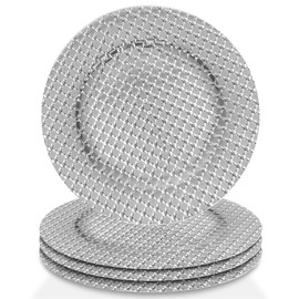ChargeIt by Jay Charger Large 13” Set of 4 Decorative Service Plate for Home, Professional Fine Dining Perfect for Upscale Events, Dinner Parties, Weddings, Ban, Silver, Silver