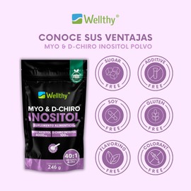 Wellthy Myo & D-Chiro Inositol en Polvo 246g. Mezcla Óptima 40:1, 4000mg Myo y 100mg D-Chiro Español, Ingredientes 100% Naturales, Gluten Free, Sugar Free, Vegan, Botlle Free