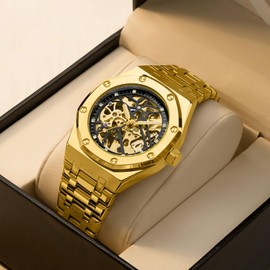 senstone Automatic Watches for Men Mechanical Movement Tourbillon Self-Winding Transparent Skeleton Fashion Business Dress Wristwatch with Waterproof Luminous Stainless Steel Band - Gold Black